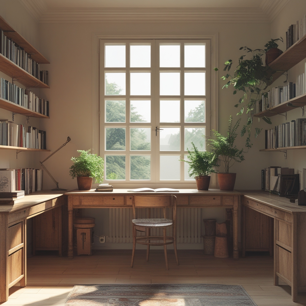 Espace de lecture serein avec lumière naturelle, bureau en bois clair avec livres ouverts et plantes vertes en pot, ambiance studieuse et apaisante