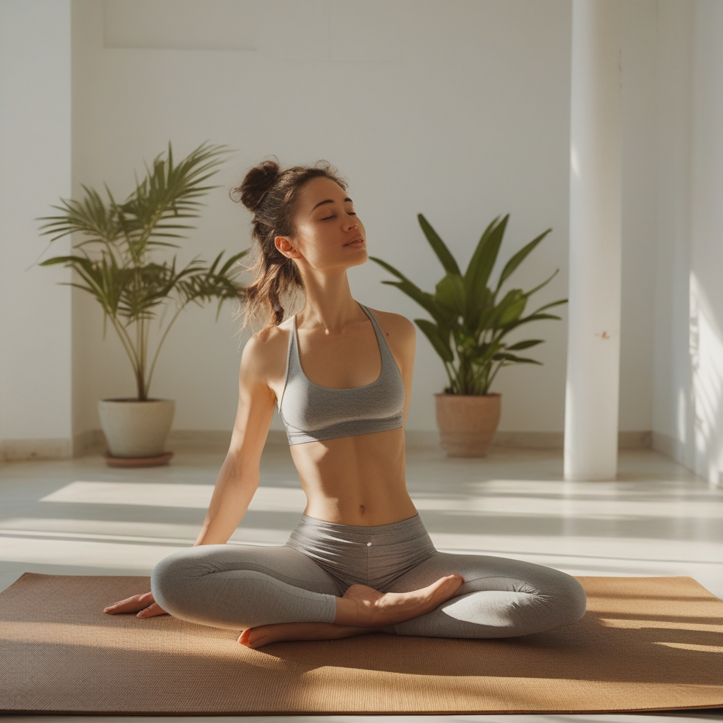 Personne en posture de yoga douce sur un tapis dans un espace intérieur lumineux et calme, lumière naturelle de côté, plantes vertes en arrière-plan