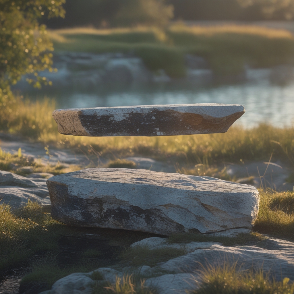 Pierre plate parfaitement posée en équilibre sur une autre pierre, fond de nature apaisante avec eau calme en arrière-plan