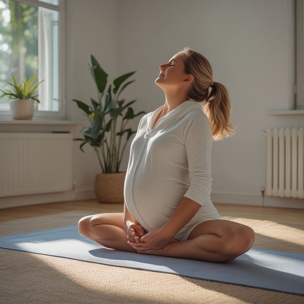 Personne effectuant un étirement doux du dos en position assise dans un intérieur calme et lumineux, fenêtre naturelle en arrière-plan