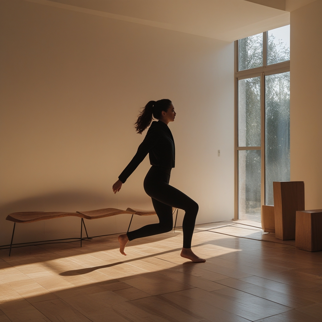 Silhouette humaine en mouvement harmonieux dans un espace lumineux naturel, posture fluide et équilibrée avec lumière dorée en arrière-plan