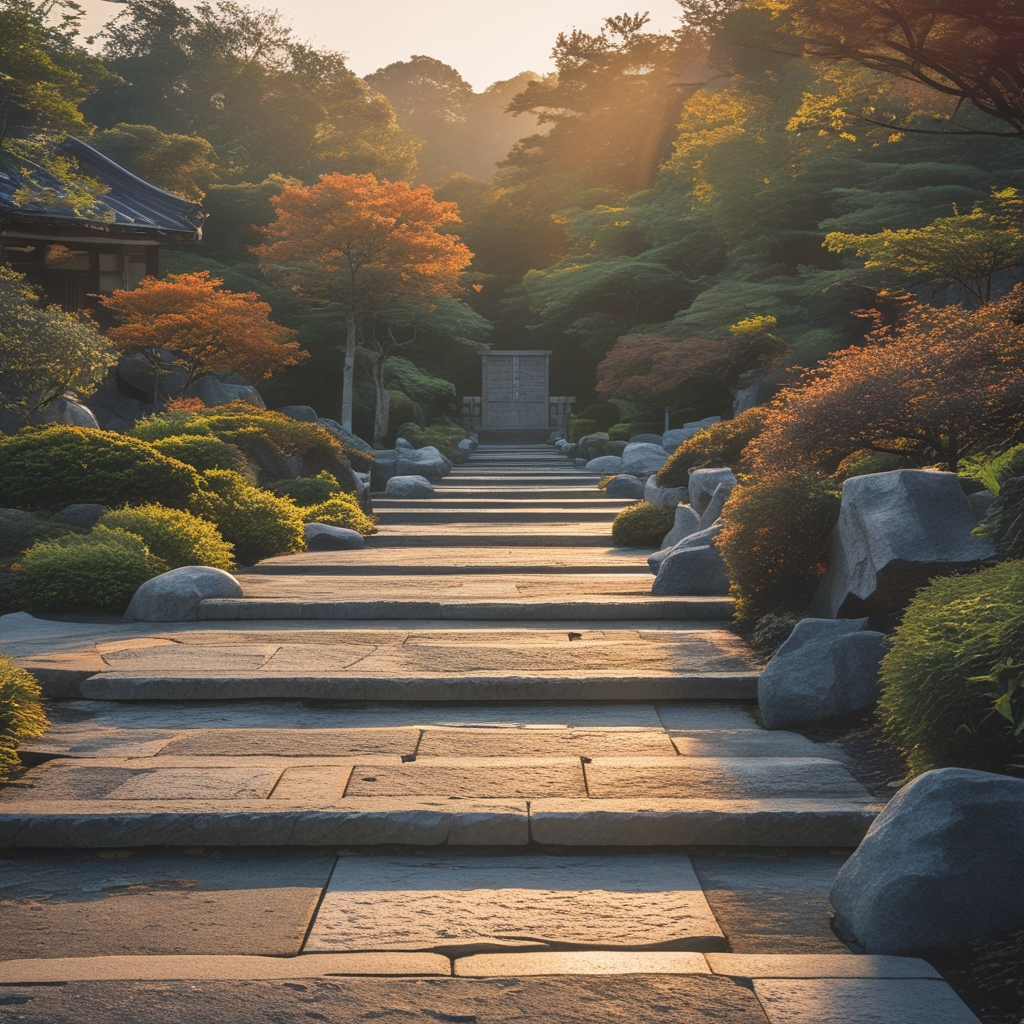 Vue abstraite de chemins interconnectés en pierre naturelle dans un jardin japonais serein, symbolisant la structuration méthodique de la connaissance