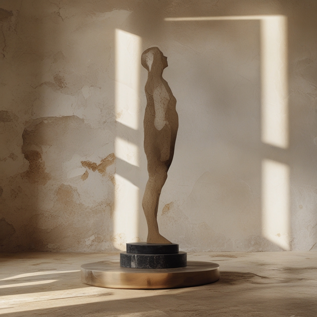 Vue latérale d'une personne en posture droite et équilibrée debout dans un espace clair minimaliste, lumière naturelle latérale mettant en valeur la silhouette