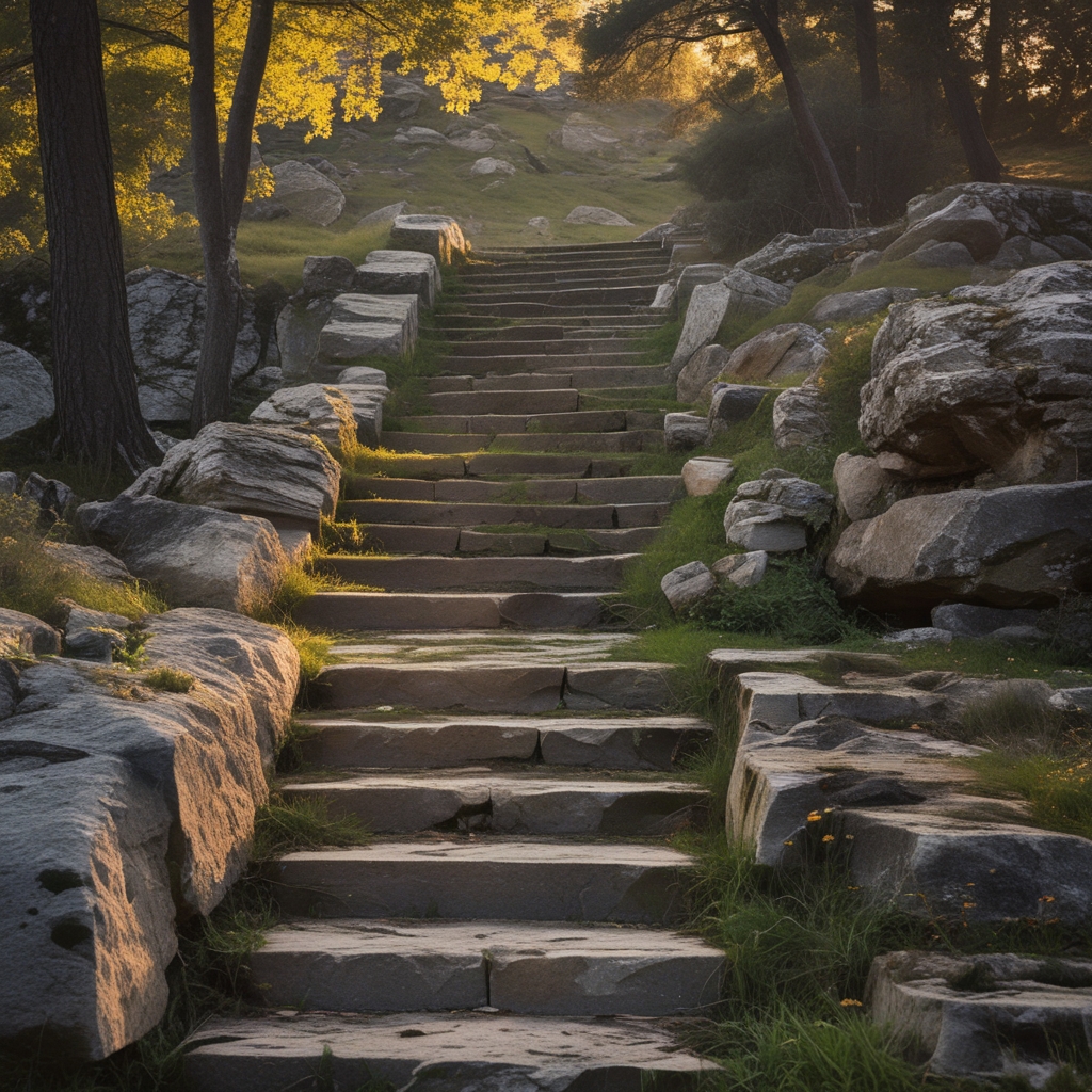 Escalier en pierre naturelle vu de côté, symbole de progression graduelle et de montée par étapes dans un environnement extérieur naturel