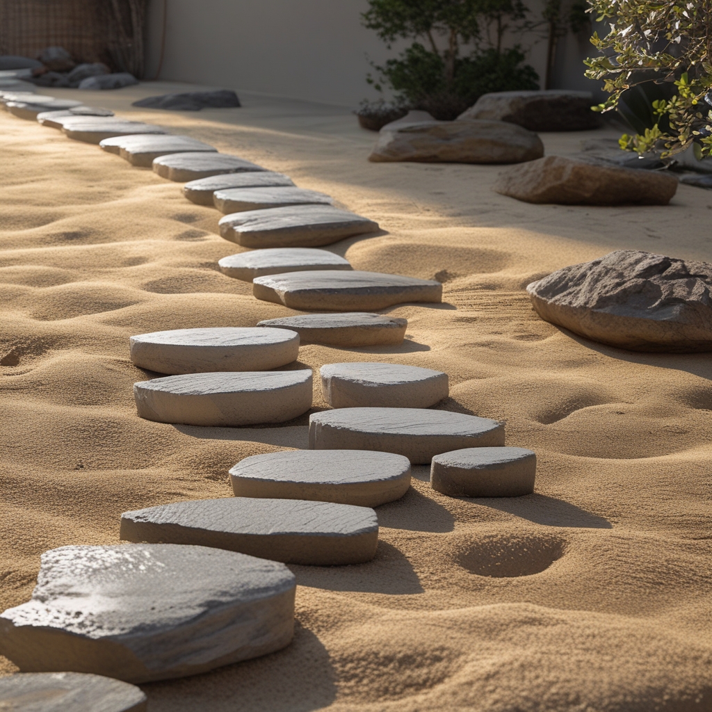 Rangée de pierres plates régulières disposées en ligne dans un jardin zen, rythme visuel régulier sur fond de sable texturé beige