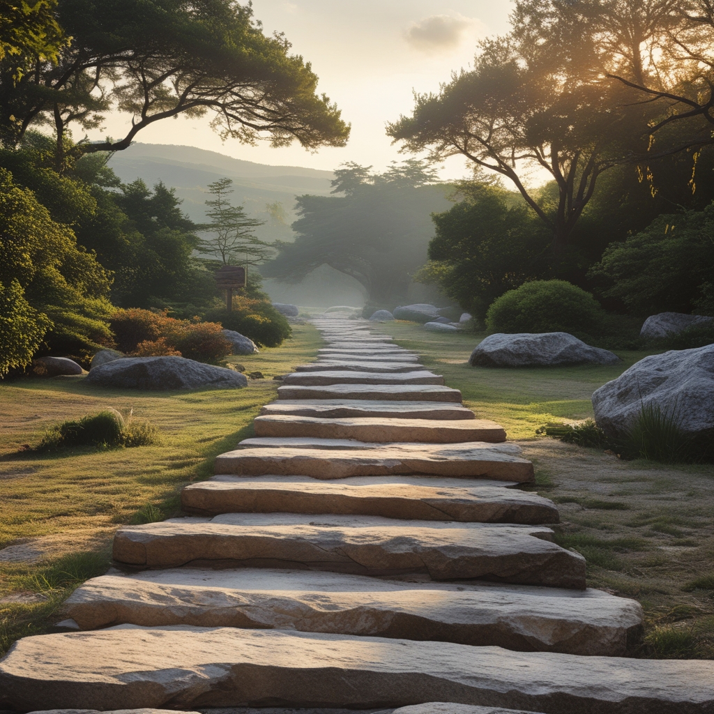 Chemin de pierre naturel traversant un jardin zen avec sable ratissé et végétation basse, atmosphère de calme et de pleine conscience