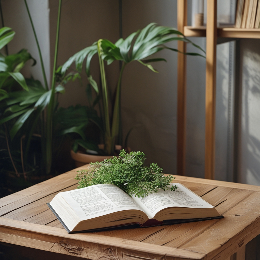 Livre ouvert posé sur une table en bois clair avec une plante verte en arrière-plan, ambiance studieuse et sereine d'un espace de lecture naturel